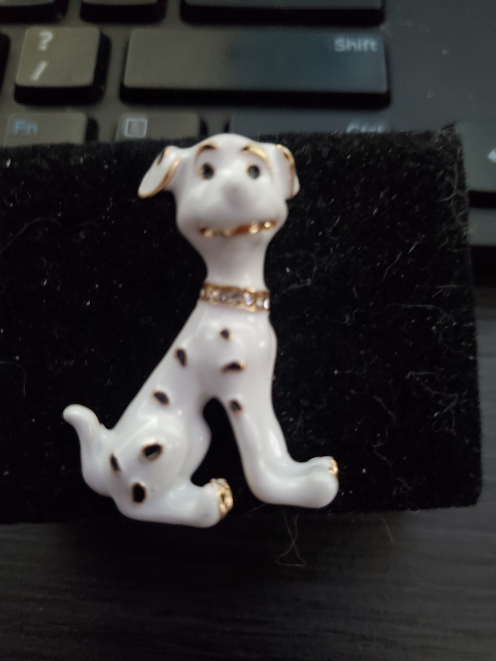 Elegant White Dalmatian Dog Brooch with Gold Accents